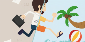 Imagem com um bonequinho masculino dividido em dois cenários: correndo do escritório, com roupa social até a praia com um chinelo e bermuda. Essa imagem simboliza o post: Férias de Qualidade.