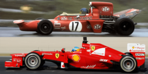 Comparação entre um carro de Fórmula 1 antigo e um mais recente