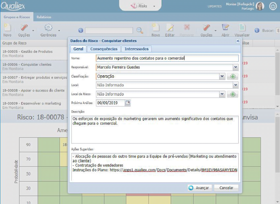 Imagem da tela do Qualiex, software para gestão de riscos, onde formalizar como fazer Planos de Contingência.