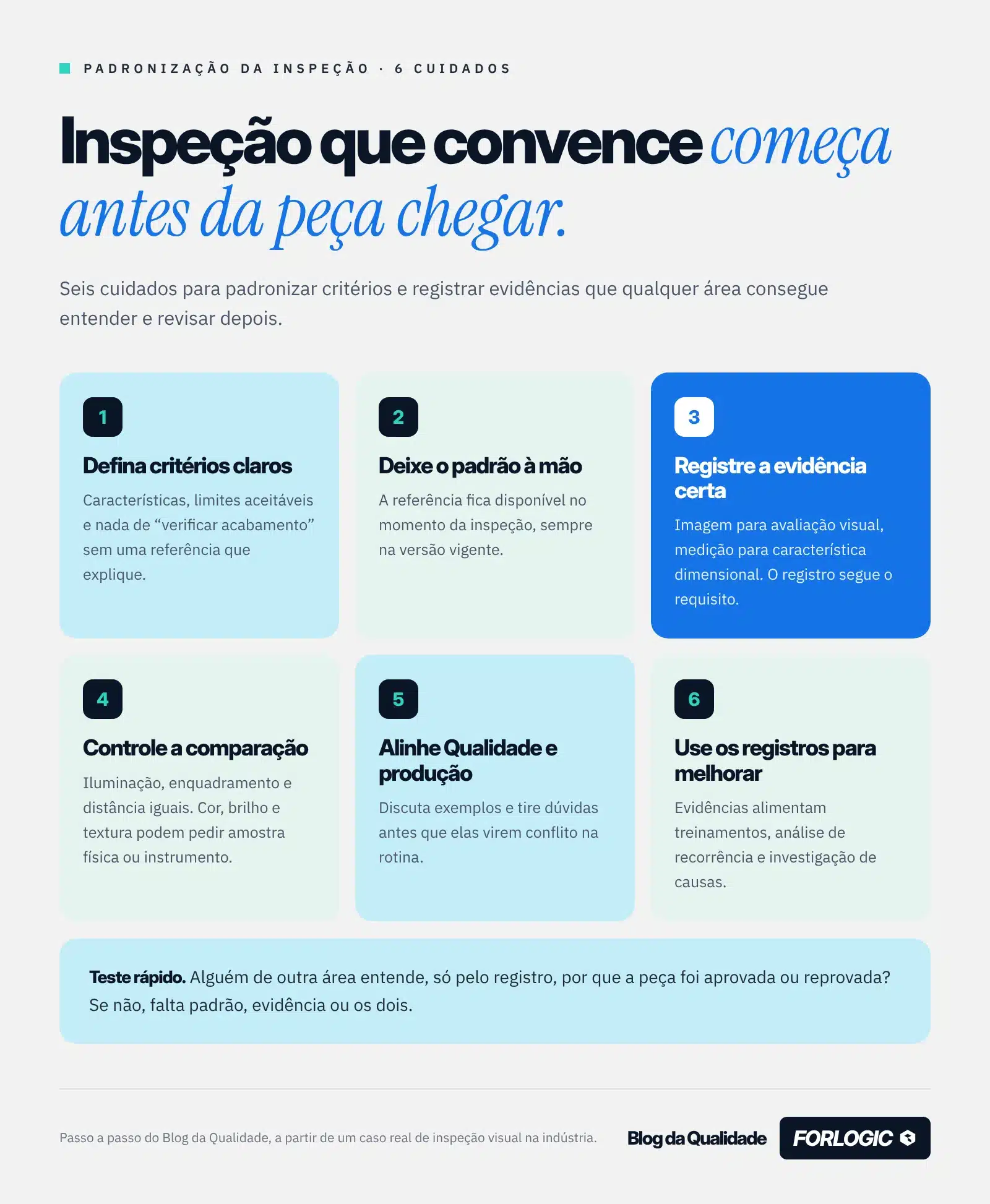 Infográfico com 6 cuidados para padronizar a inspeção da qualidade e registrar evidências